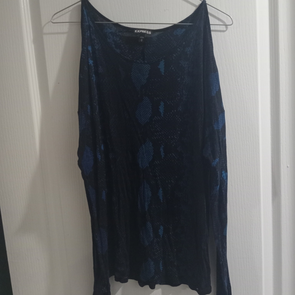 Express Women's Black and Blue Long Sleeve Cold Shoulders Top
